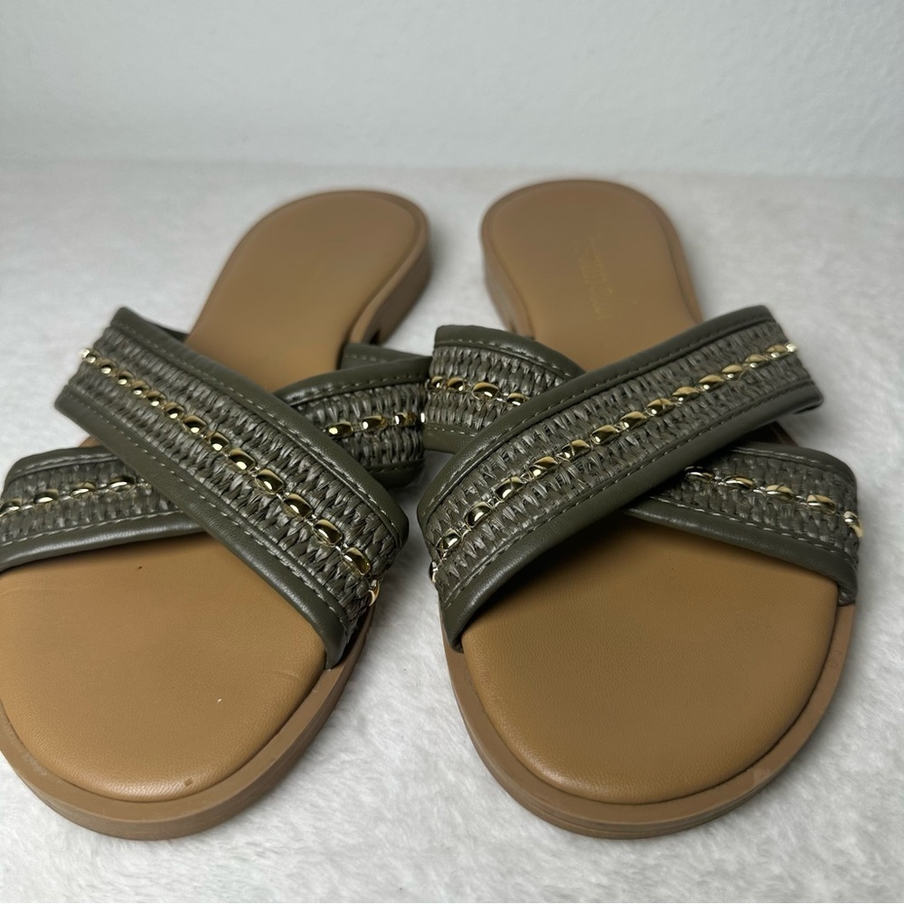 Toscanella Made In Italy Flat Sandals Beaded Army Green Leather Strap Size 8 - Picture 3 of 13